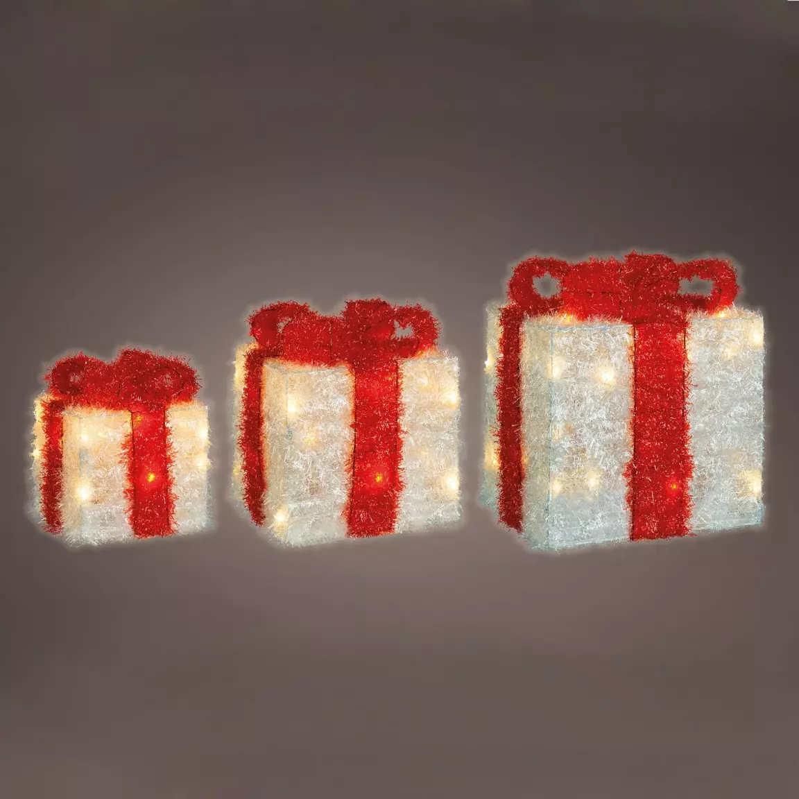 Lot de 3 cadeaux lumineux à piles 65 LED (H30 cm) Ruban Rouge et Blanc chaud