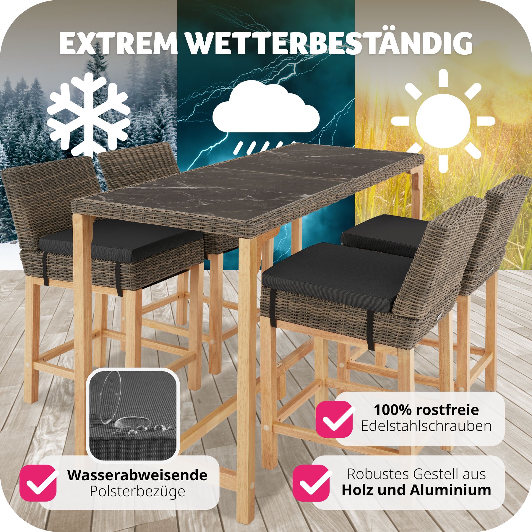 tectake® Rattan Tisch Lovas mit 4 Stühlen Latina, mit Aluminiumgestellen, wetterfest und UV-beständig, Beine aus Holz