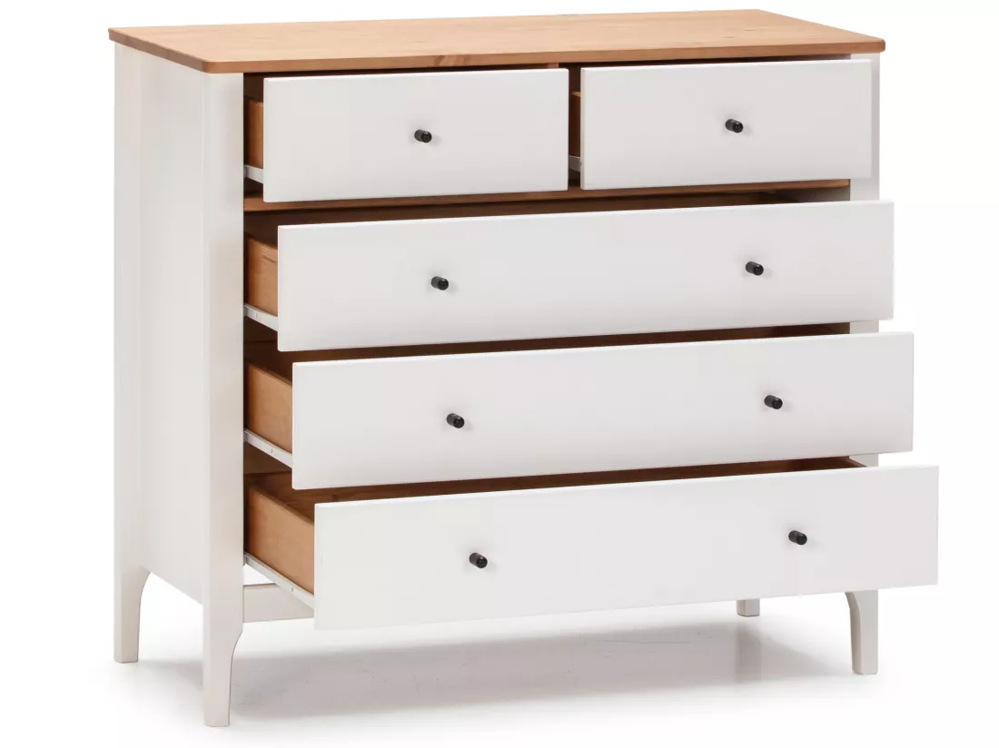 Commode 5 tiroirs Luca dans les tiroirs Blanc/Chêne, 90 cm Longueur