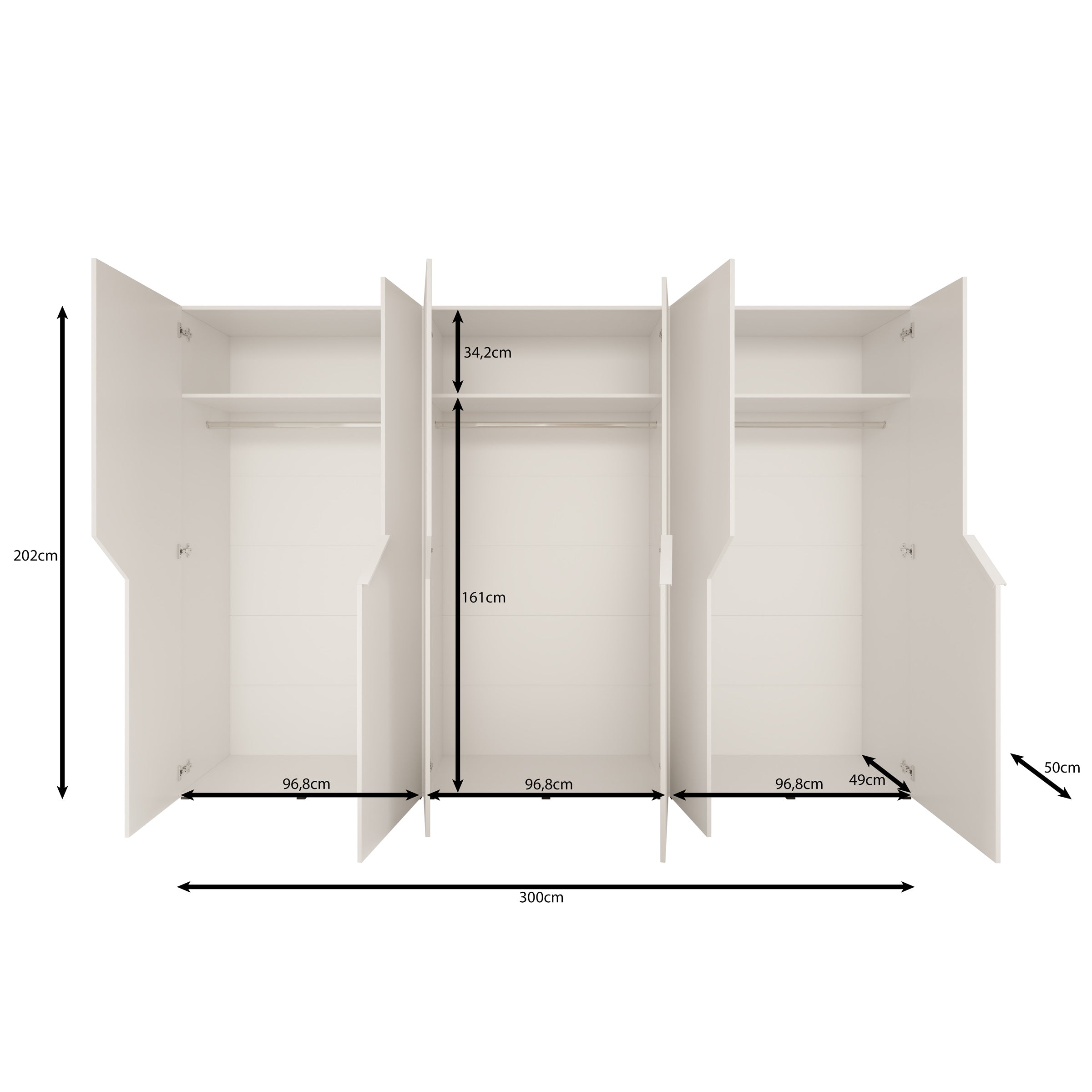 Arena - Kledingkast 6-deurs met spiegel - Zwart - 300x50x202 cm