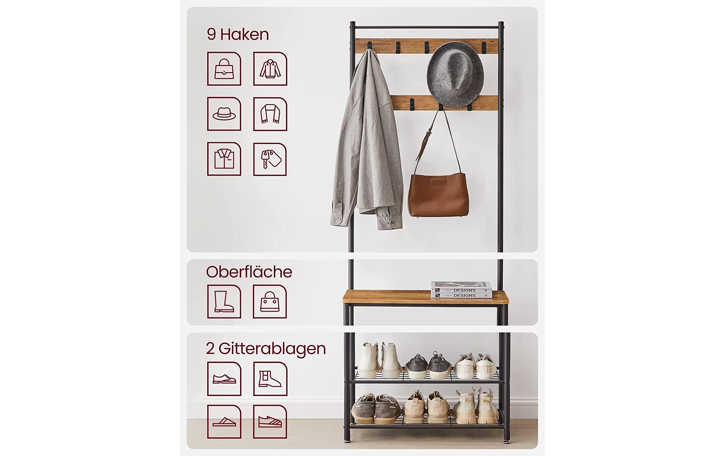 Garderobe mit Schuhregal 32 cm x 175 cm, Braun/SchwarzKleiderständer mit Sitzbank