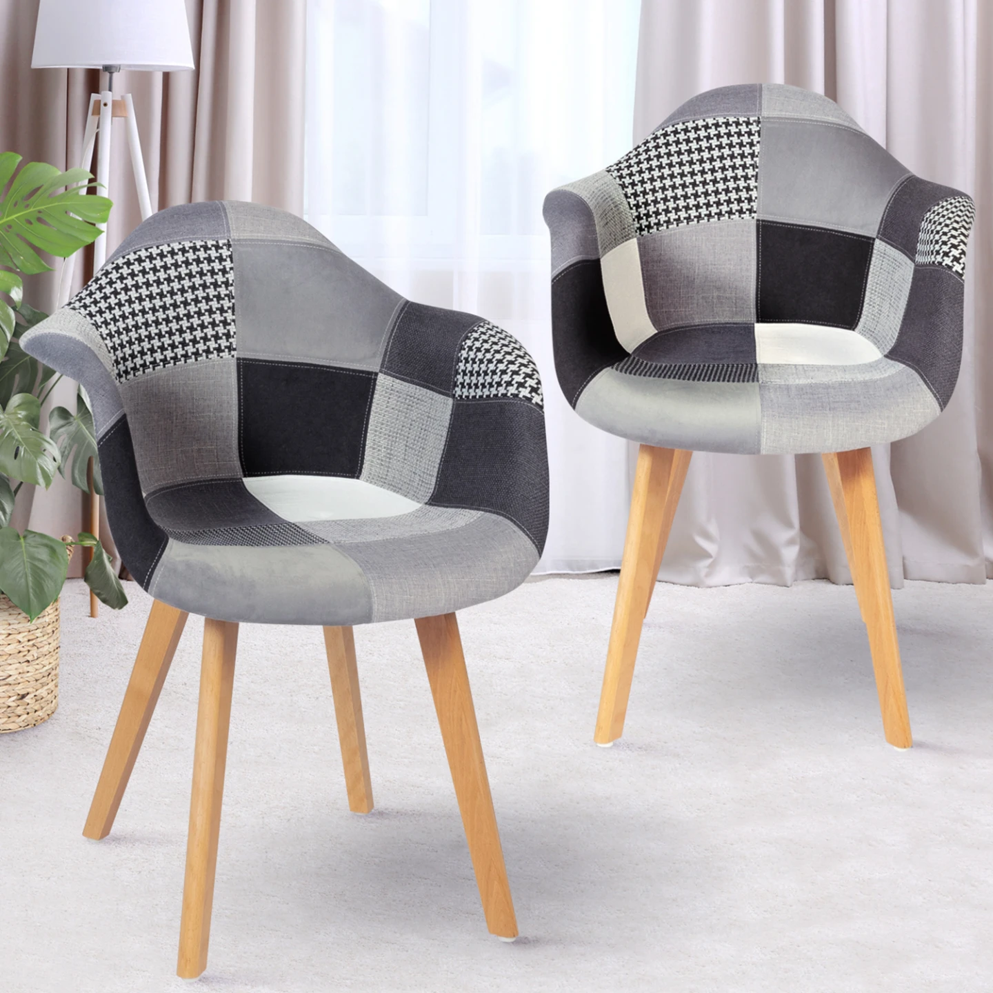 Lot de 2 chaises de salle à manger scandinaves, fauteuils de table SARA motifs patchworks noirs, gris et blancs
