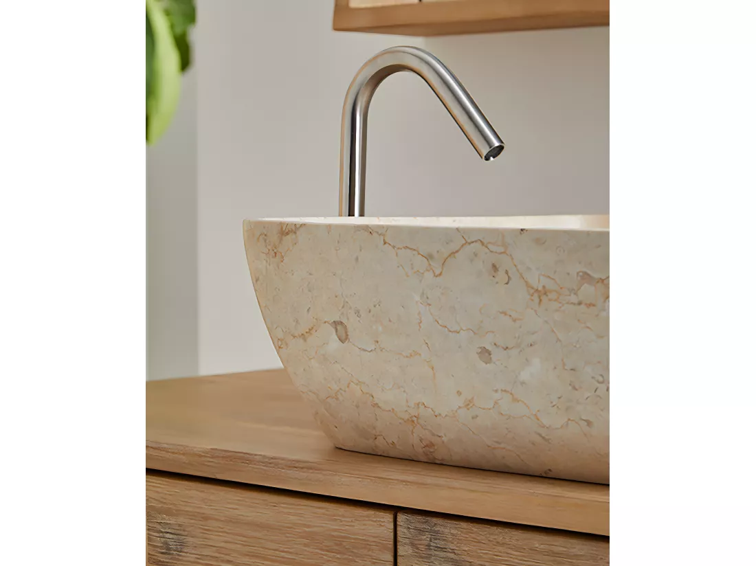 Vasque à poser / lavabo en marbre coloris beige - Longueur 50 x Hauteur 15 x Profondeur 38 cm