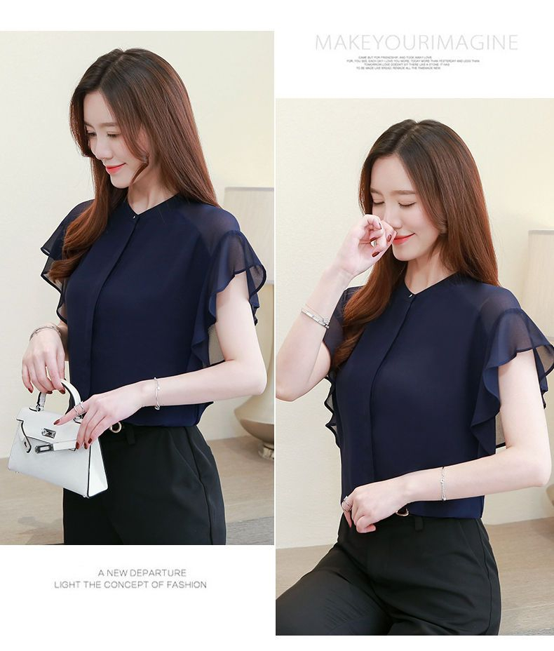 Dragan Pulse - Flutter Sleeve Band Collar Plain Chiffon Shirt