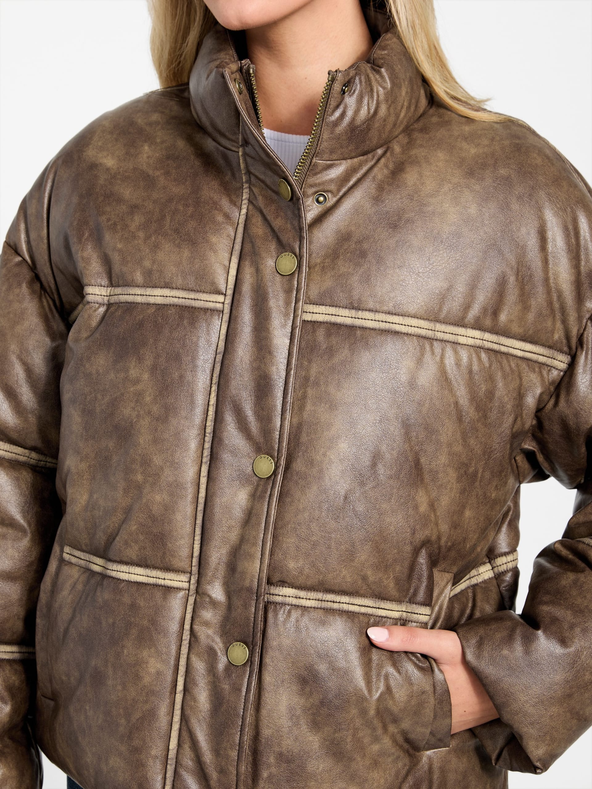 Jaqueta puffer de couro sintético lavado