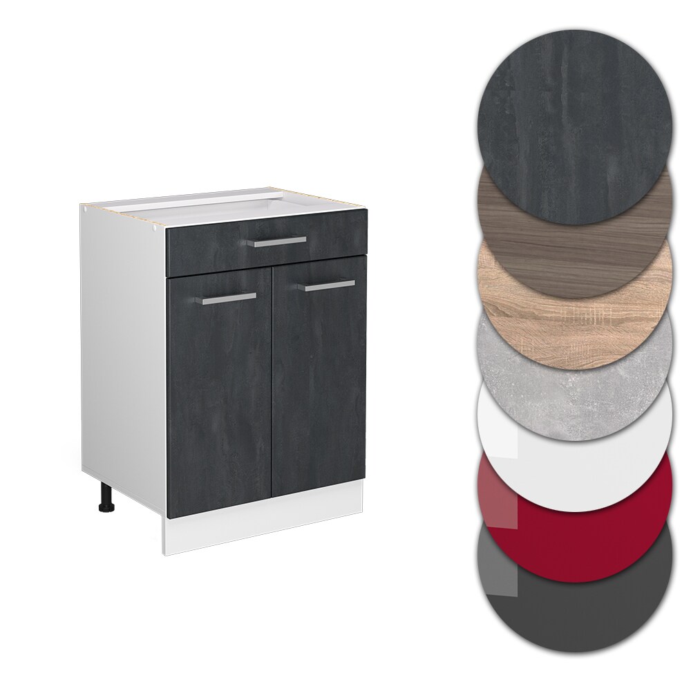 Vicco Schubunterschrank R-Line Schwarz Beton Weiß 60 cm mit Arbeitsplatte Eiche