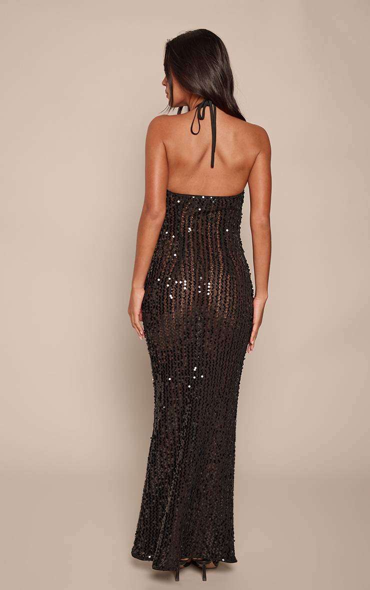 Noir Robe Longue À Encolure Drapée Ornée De Sequins