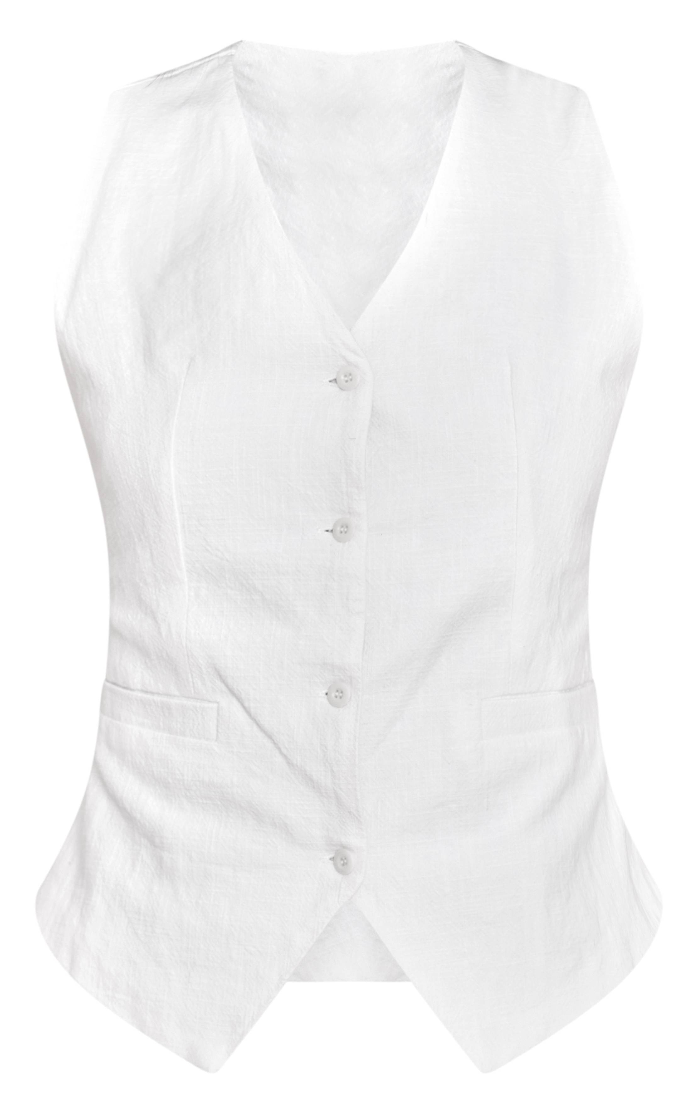 Blanc Gilet Sans Manches Col V En Mélange De Lin Premium