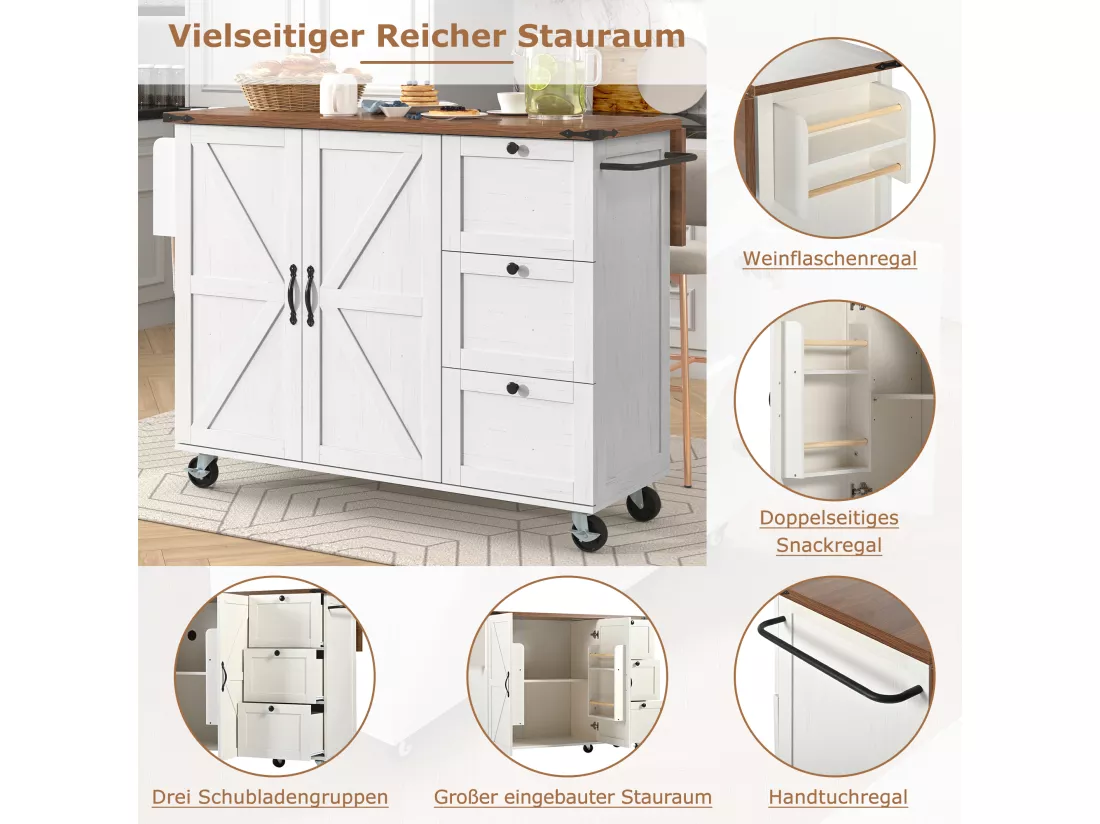 Ilot central de cuisine mobile avec 2 portes et 3 tiroirs - plateau extensible - 140 x 45/73 x 92.5 cm - Bois MDF + métal - Blanc + naturel