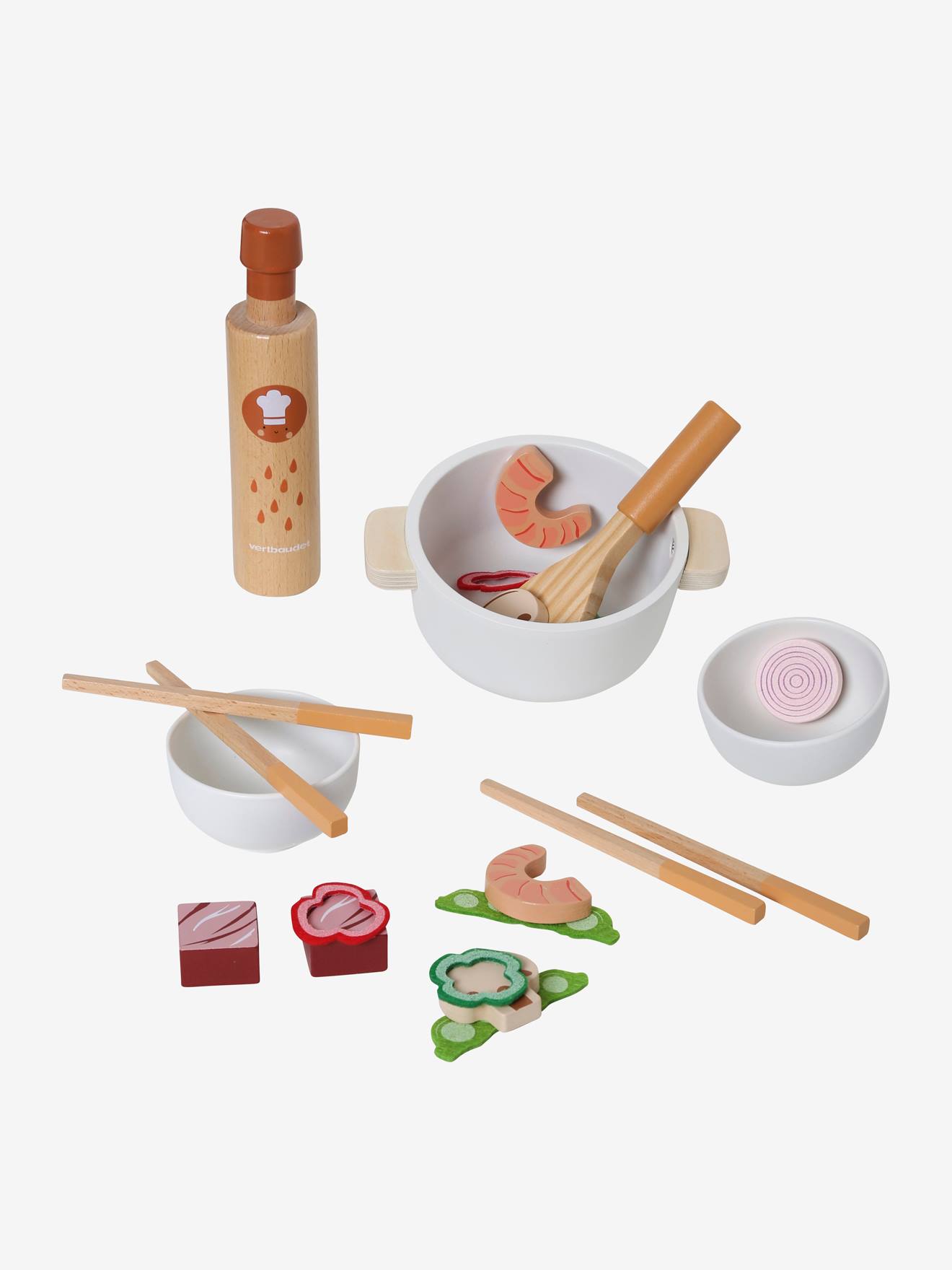 Conjunto de wok para legumes em madeira certificada FSC®, bege médio liso com padrões.