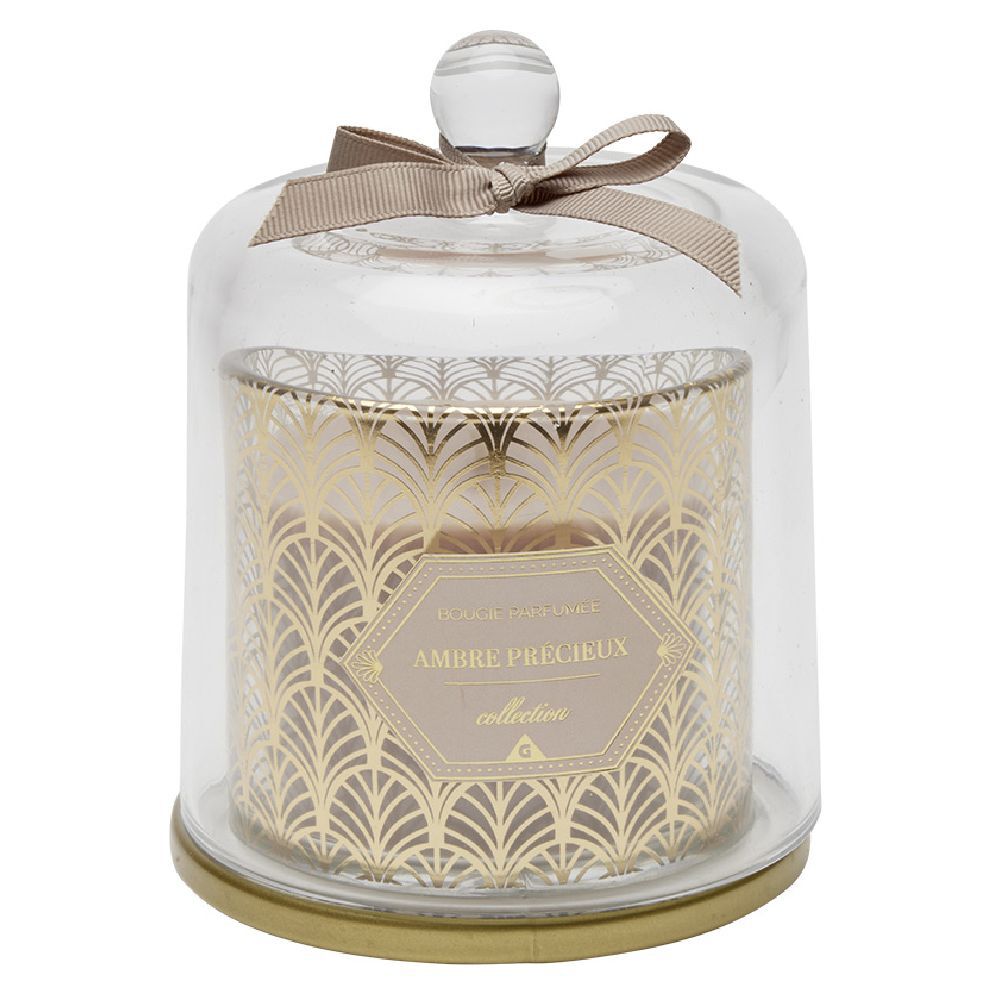 Bougie parfumée beige sous cloche transparent doré