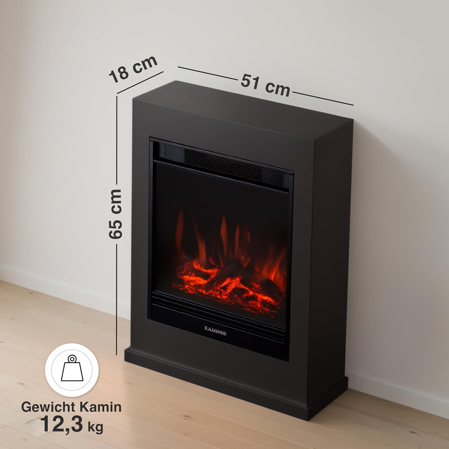 Elektrokamin Kalle - Elektrischer Standkamin mit Heizung, 3D-Flammeneffekt, Fernbedienung (Schwarz)