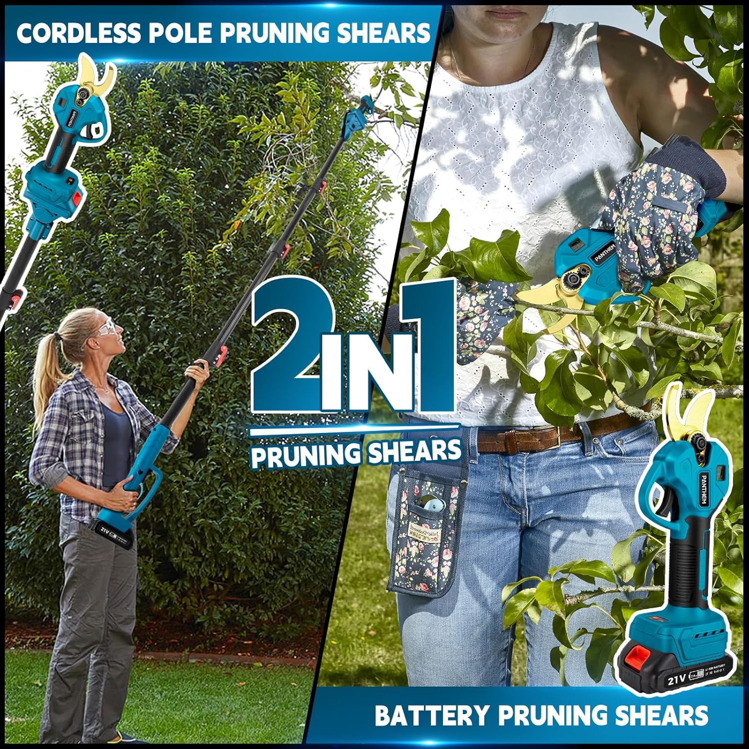 Akku Astschere Elektrische Gartenschere 2 in 1 Teleskop Stange Verlängerungsstange kabellos mit akku für Makita 18V Bürstenlosen Motor Elektrisch Schere LCD zum Beschneiden von Bäumen Obstbäumen
