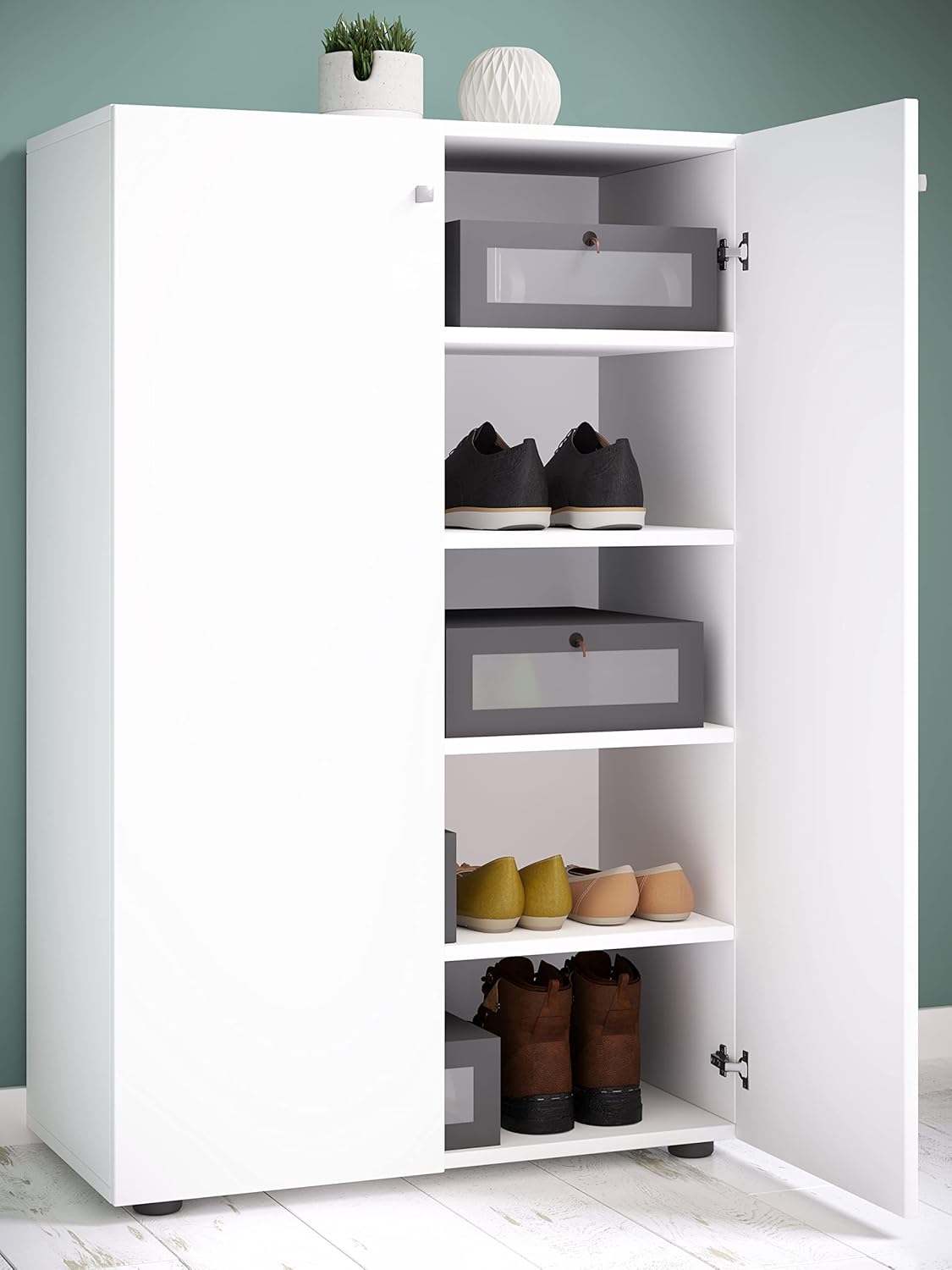 VCM Holz-Schuhschrank | Maße: H. 110 x B. 70 x T. 39 cm | Allzweckschrank | 5 Fächer | 2 Drehtüren– Lona