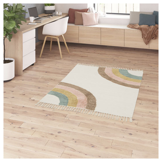 Tapis chambre d'enfant - arc en ciel - beige et pastel - 75 x 150 cm