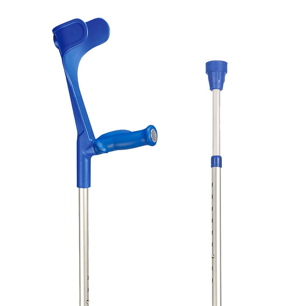 SAHAG Krücken Anatomischer Softgriff 76-96cm alu blau -140kg Druckknopf 2 Reflektoren 1 Paar