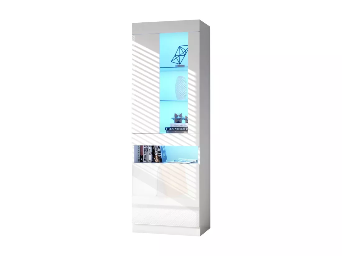 Vitrine moderne avec 2 portes et 1 compartiment - LEDs - hauteur 180 cm - panneaux de particules - blanc brillant