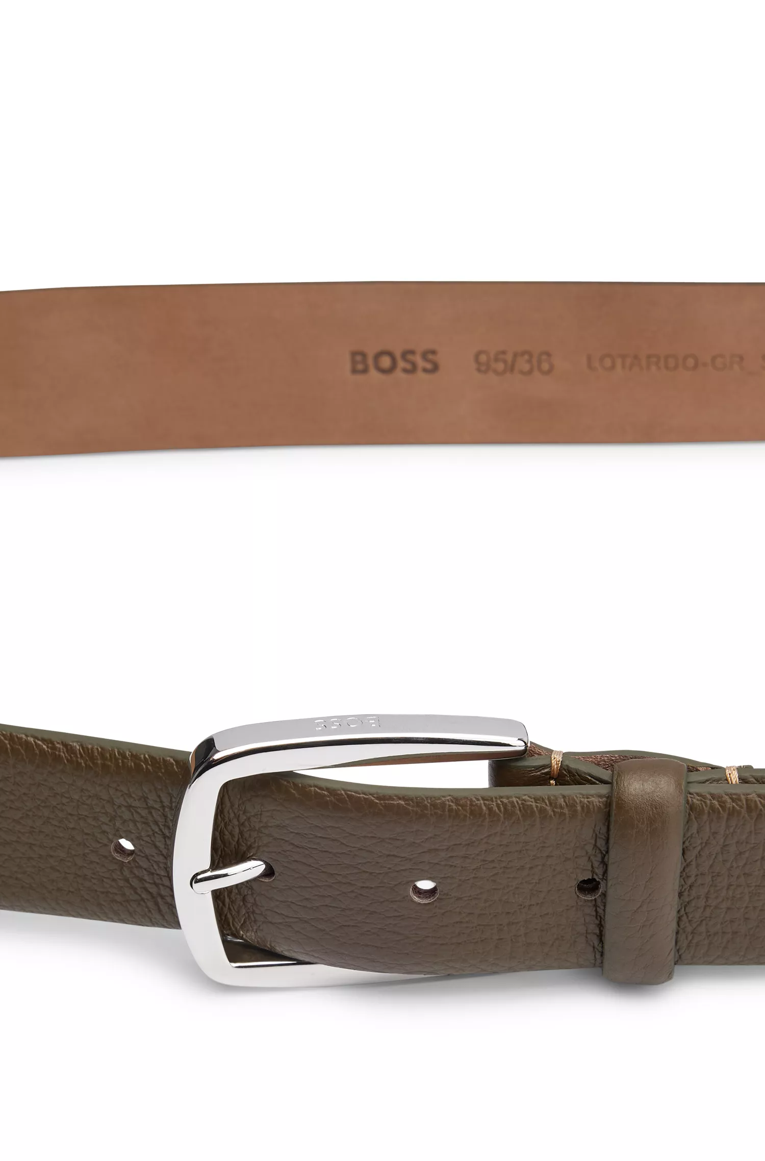 Cinto BOSS em couro preto com detalhes de costura contrastante.