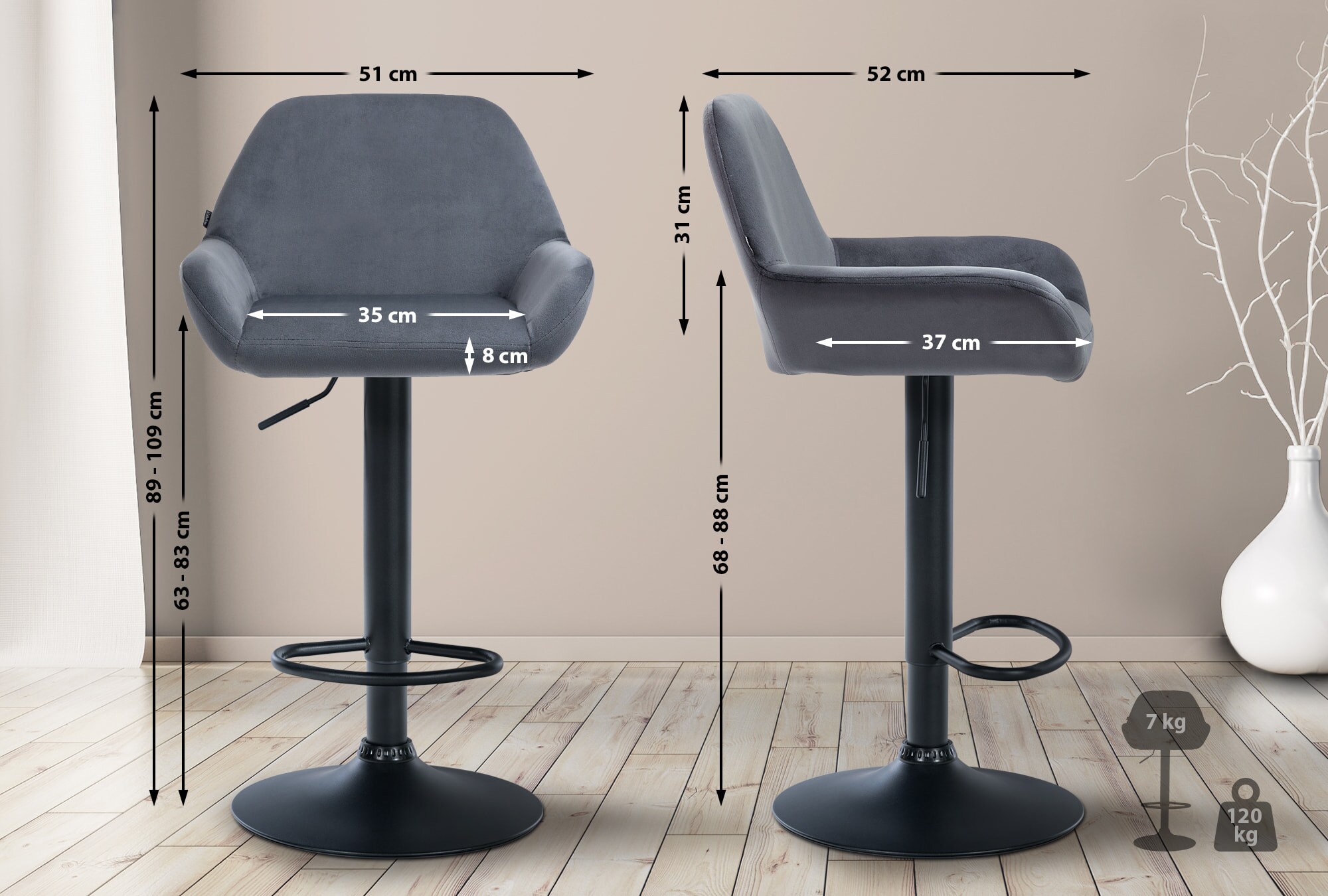 CLP Barhocker Braga Samtbezug mit Metallgestell I Höhenverstellbar und 360 drehbar I Moderner Barstuhl mit Fußstütze für Küche und Bar