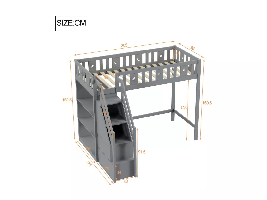 Lit mezzanine 90x200 cm - avec étagères et échelle de rangement - en bois massif - Gris