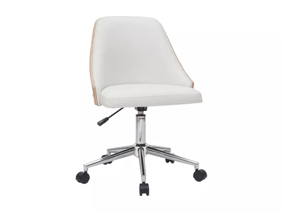 Chaise de bureau à roulettes design blanc, bois clair et acier chromé QUINO