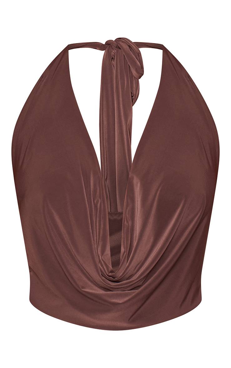 Chocolat Top Court Col Bénitier Drapé À Nouer