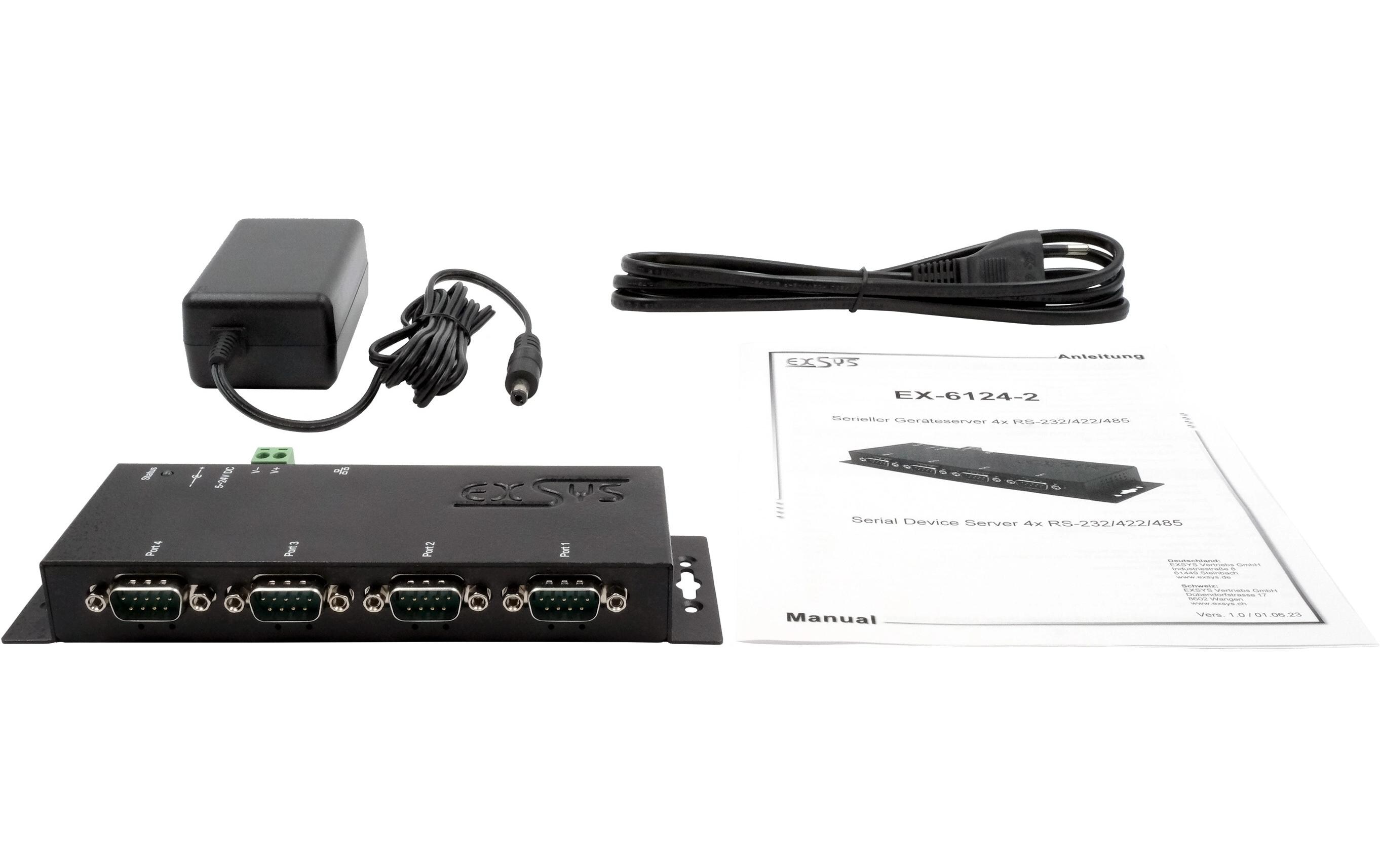 Serieller Geräteserver EX-6124-2 4-Port-RS-232/422/485<br>Ethernet zu 4x RS-232/422/485 port, inkl. 12V/3A Netzteil