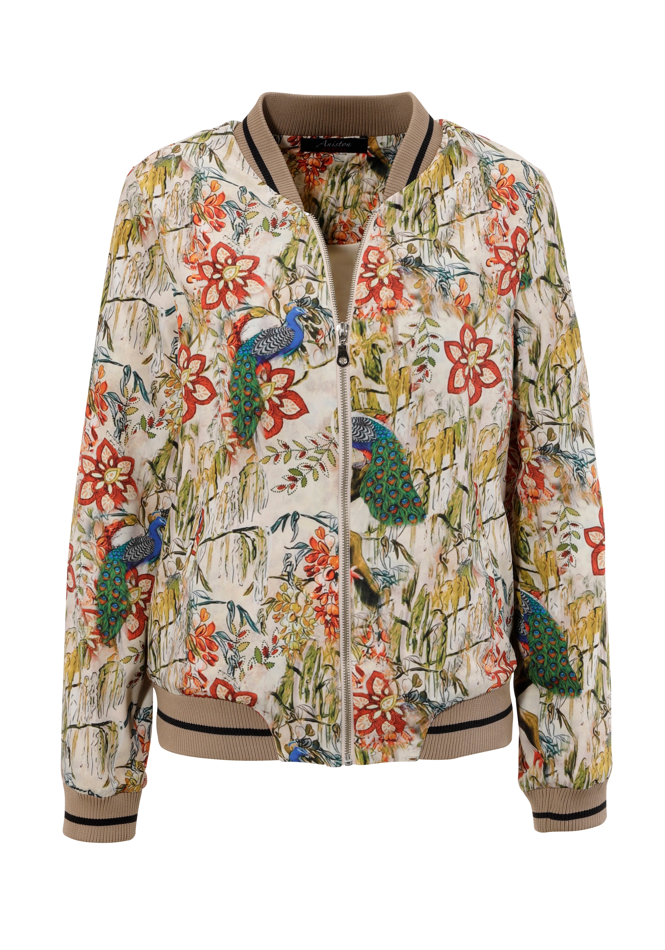 Aniston CASUAL Blouson mit farbenfrohen Pfauen und Blumen bedruckt