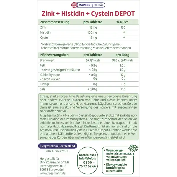 Zink + Histidin + Cystein Depot Tabletten