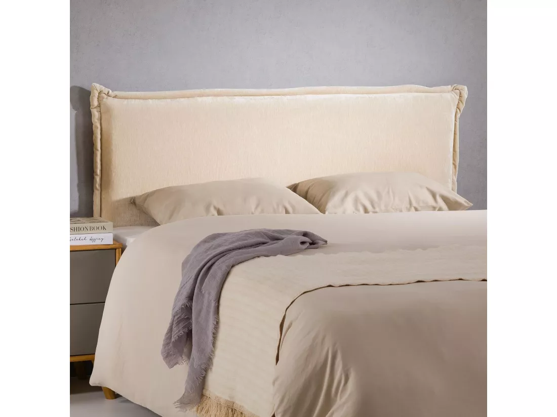 Tête de lit OVIO 160 rembourrée, En tissu polyester pour lit 160 cm, Sur pieds en bois, Blanc crème