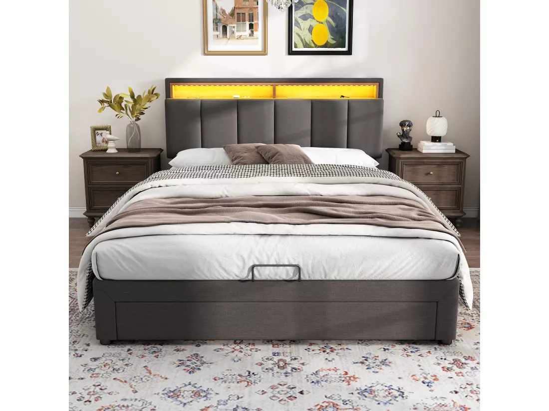Lit coffre rembourré 140x190cm en lin avec tiroirs - tête de rangement avec LED - sommier à lattes - Gris