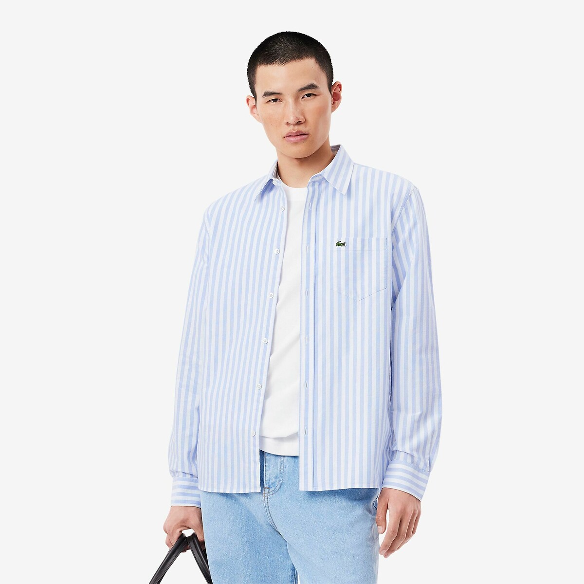 LACOSTE<br>Camisa de corte regular, tecido Oxford listrado