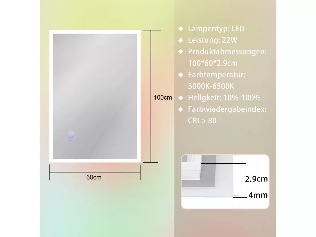NETTLIFE Miroir avec lumière 100x60cm Miroir mural LED Verre antidéflagrant Miroir de salle de bain avec miroir tactile