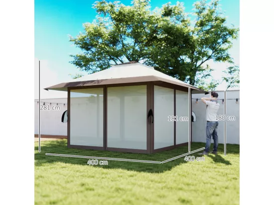 Tonnelle pop-up en tissu UPF50 + Oxford 4x4m 16 m² avec sacs de sable, 4 rideaux, sac de transport - hauteur réglable - Beige