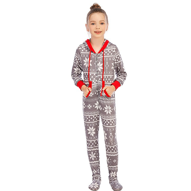 (7-8 Jahre) Kinder Christmas Pyjama Overall Winter Jumpsuit mit Kapuze - Grau / Weiss / Rot