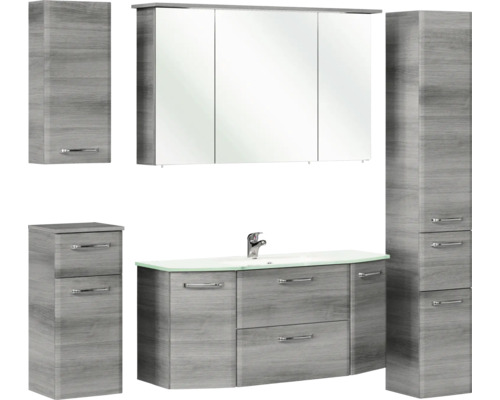 Pelipal Quickset 328 badkamermeubelset (B x H x D 175 x 200 x 39 cm), grafiet getextureerde fronten (horizontaal patroon), met witte glazen wastafel, hoge kast, onderkast en bovenkast (328.120008)