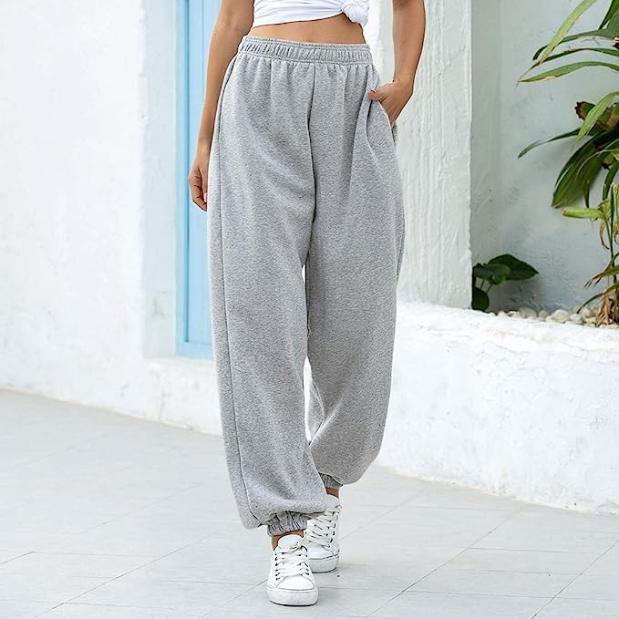 (Gr. XL) Elastische Oversized Sport Hose High Waist Jogginghose - Grau
