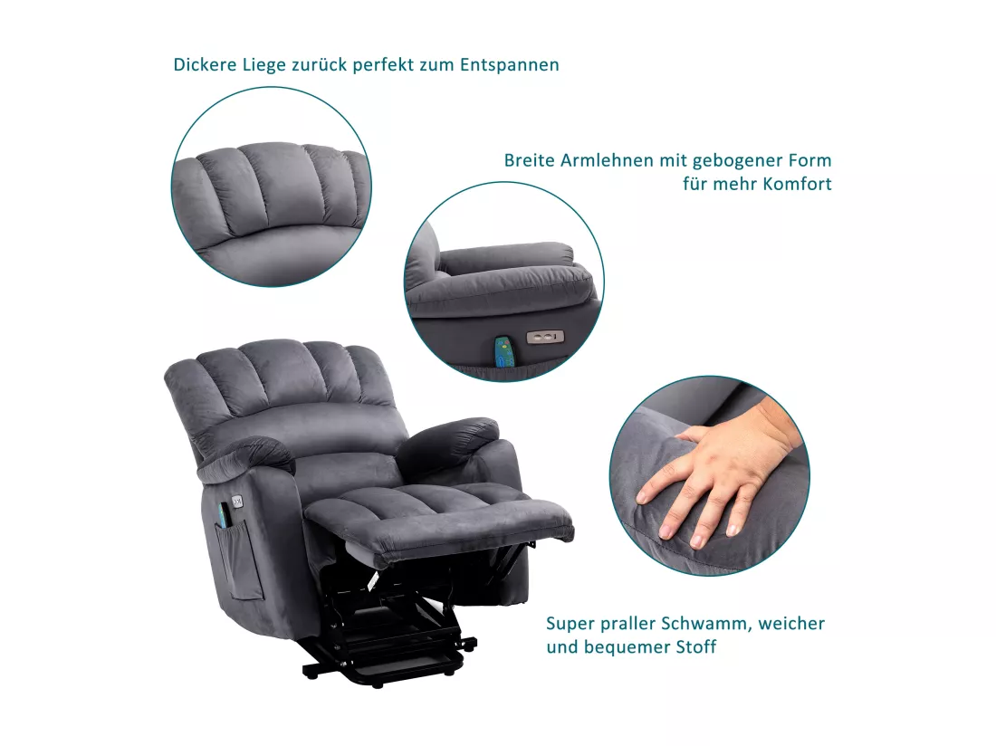 Fauteuil de relaxation électrique avecc fonction massage, fauteuil inclinable 160°, rembourré en tissu gris