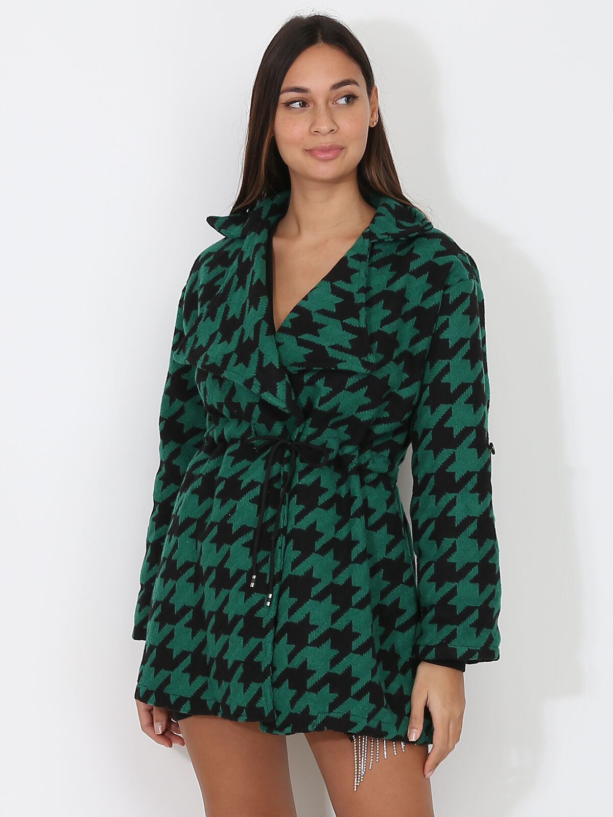 Manteau court à motif pied-de-poule- Noir / Vert