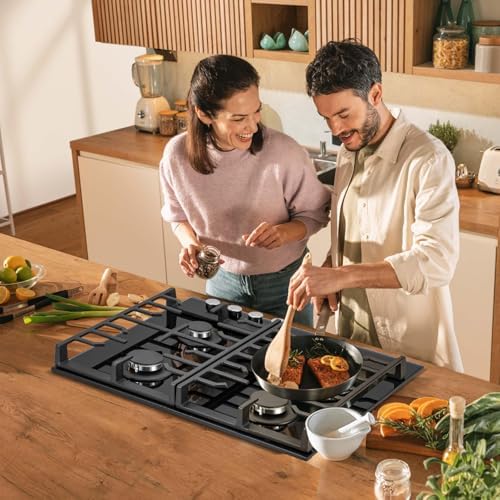 TopStrong Plaque de Cuisson Gaz 4 Feux, 60cm Plaque Gaz 4 Feux avec Sécurité Thermocouple, Cuisinière Encastrable, Naturel/Propane, 8060W, 220 240 V, Verre Noir : Gros électroménager