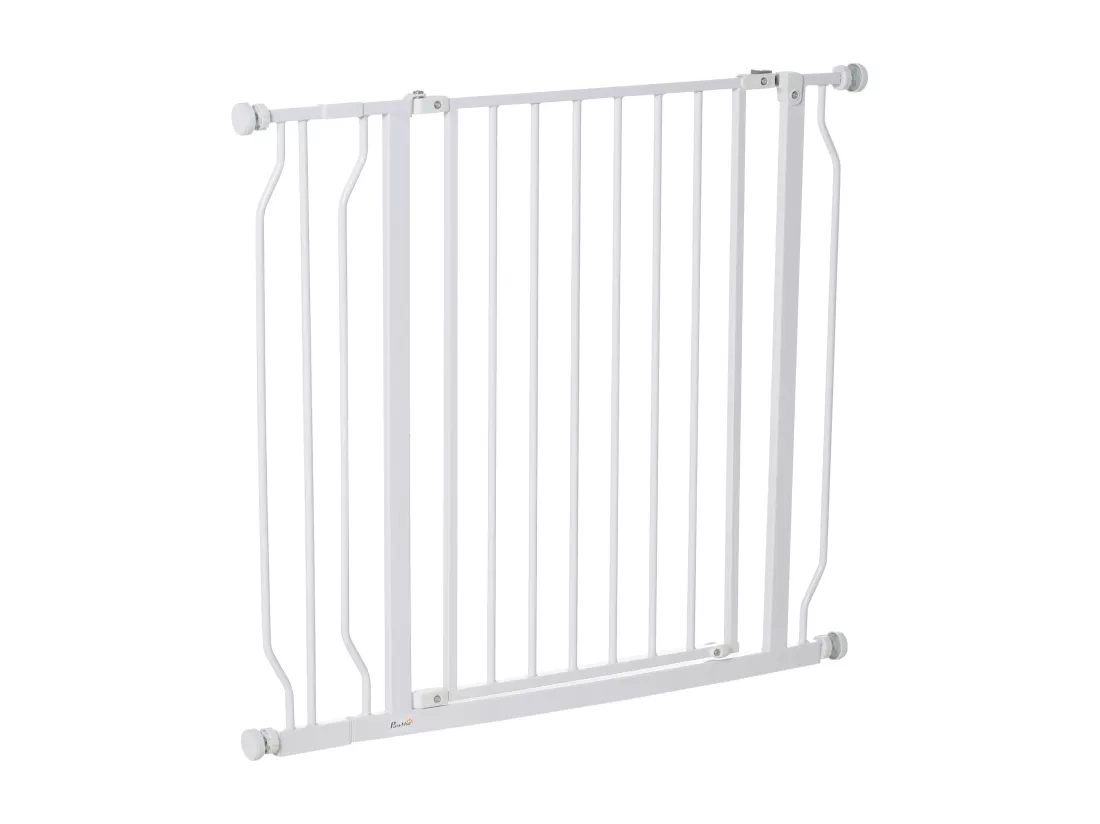 Barrière de sécurité animaux - longueur réglable dim. 75-95 cm - porte double verrouillage, ouverture double sens -sans perçage - acier ABS blanc