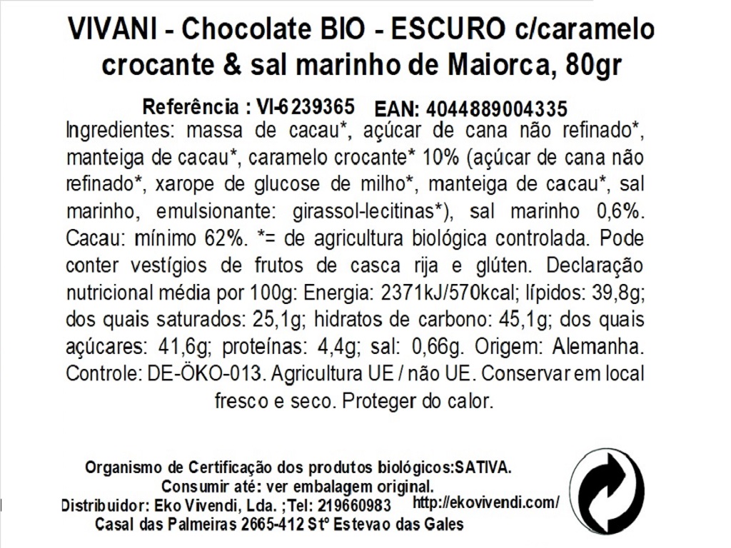 CHOCOLATE VIVANI PRETO CARAMELO SALGADO BIO 80G