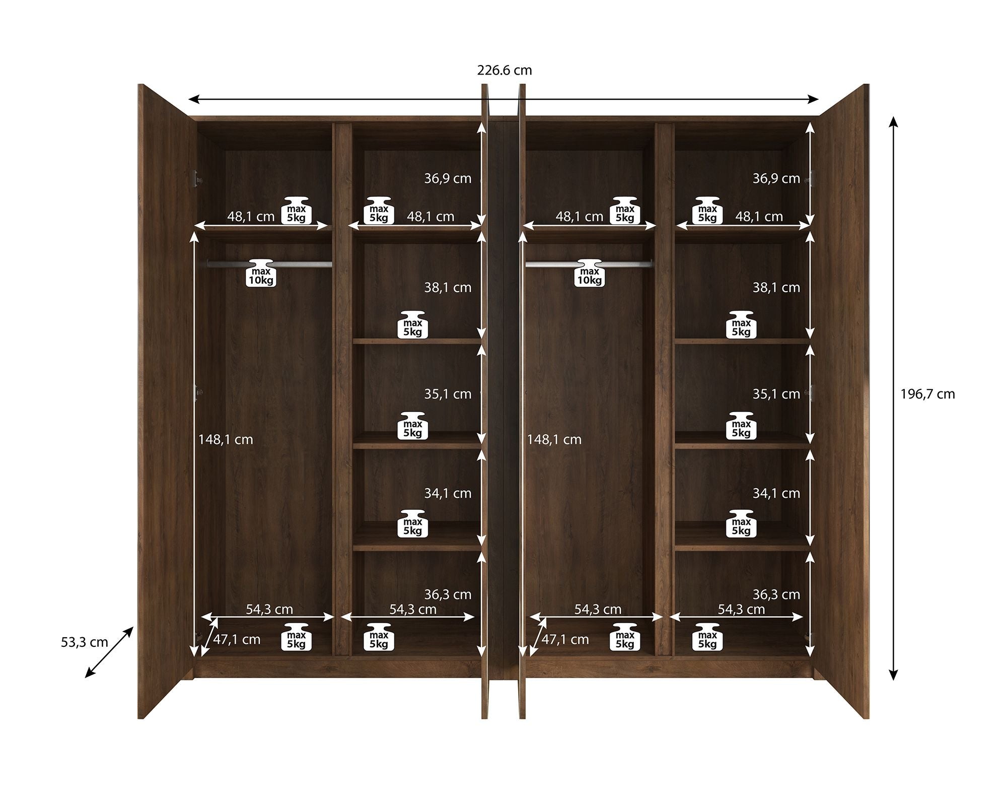 Malibu - Kledingkast 4-deurs - Wit - 227x53x197 cm