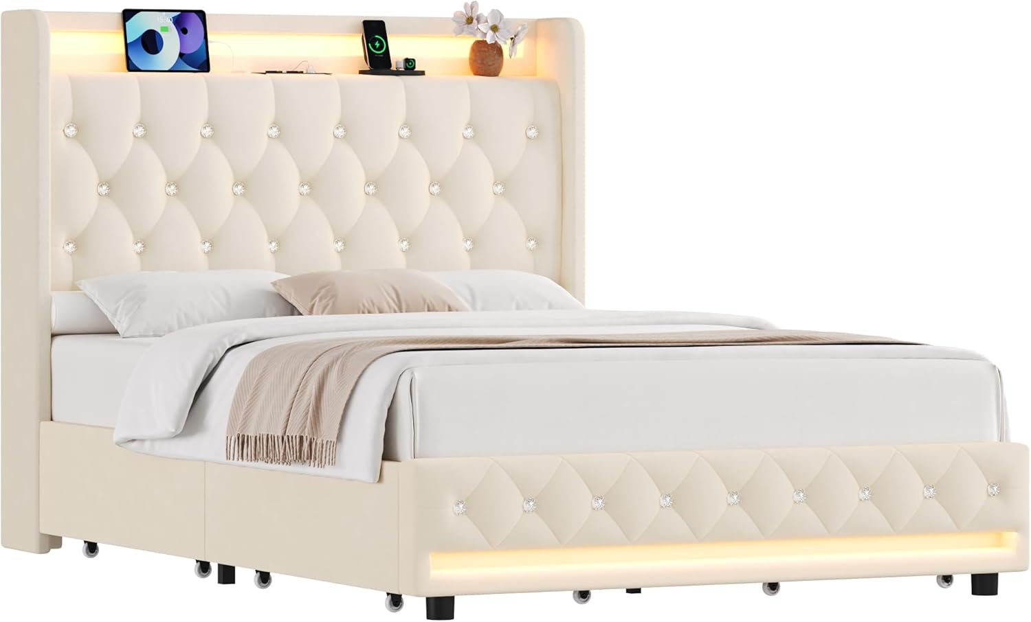 FOREHILL Polsterbett 140x200 Bettgestell mit Stauraum, LED Beleuchtung, Ladestation, Bett Jugendbett mit 4 Schubladen, Kopfteil, Lattenrost, Samt weiß