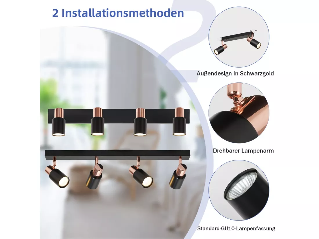 NETTLIFE Spot de plafond 4 ampoules lampe de cuisine GU10 355° plafonnier rotatif spot moderne