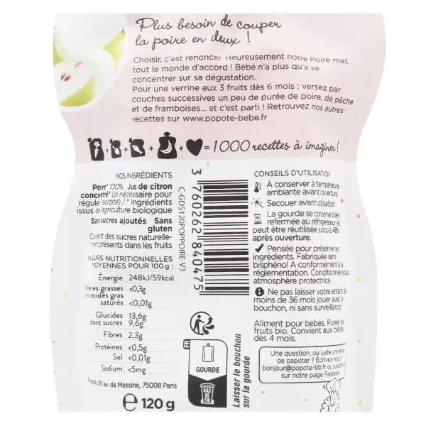 Popote Les Fruits Gourd Pear +4m Orgânico 120g
