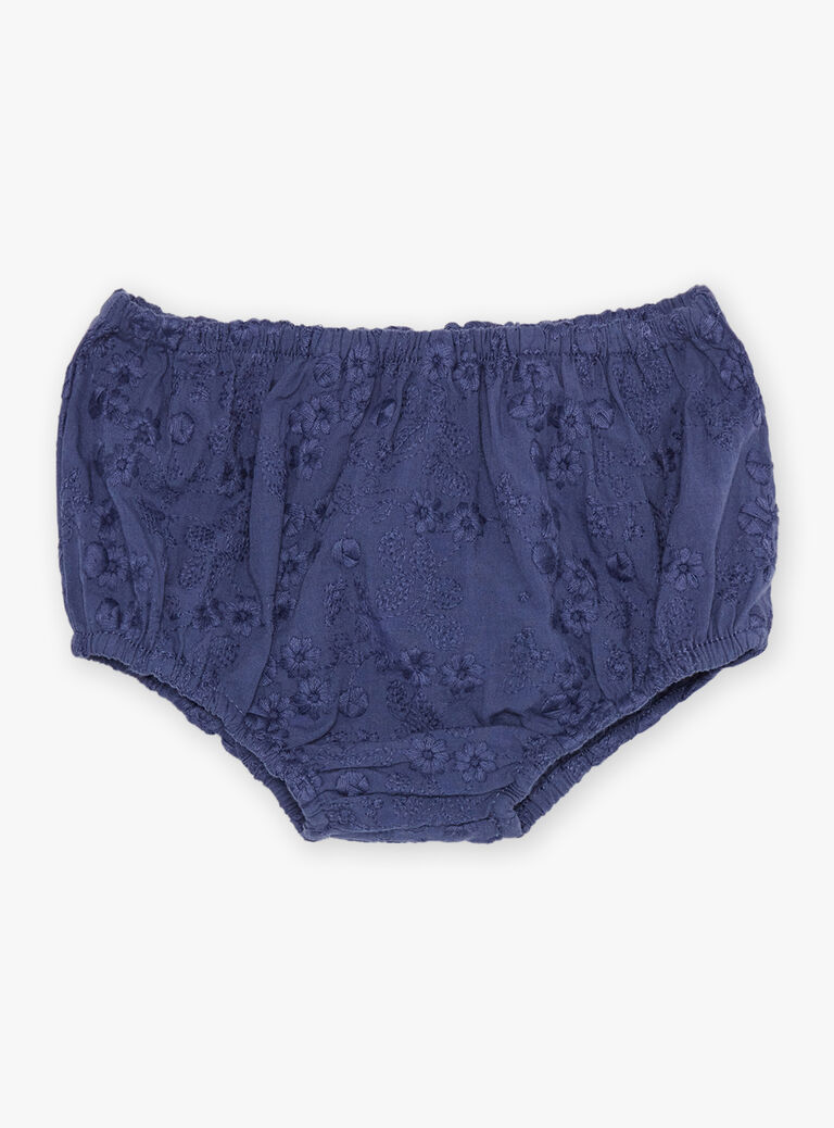 Robe bleu nuit en popeline à broderies fleuries