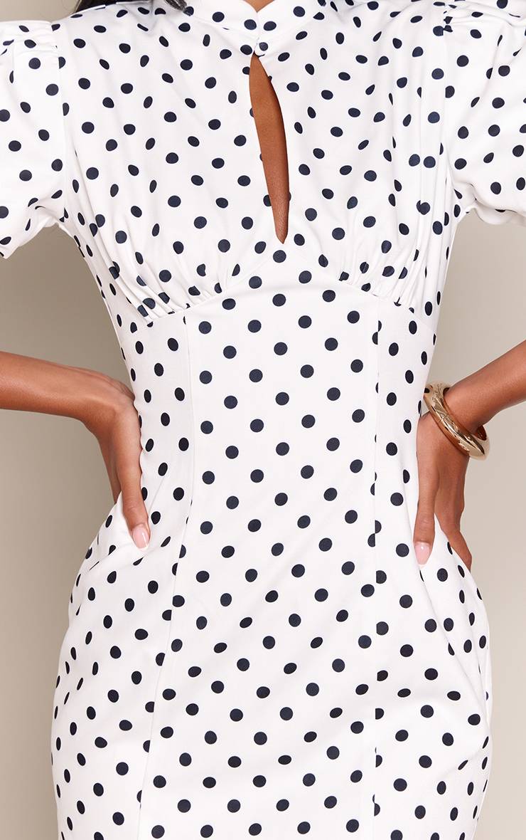 Blanc Robe Mini Ajustée À Pois Tissée Avec Manches Bouffantes Et Découpe Encolure