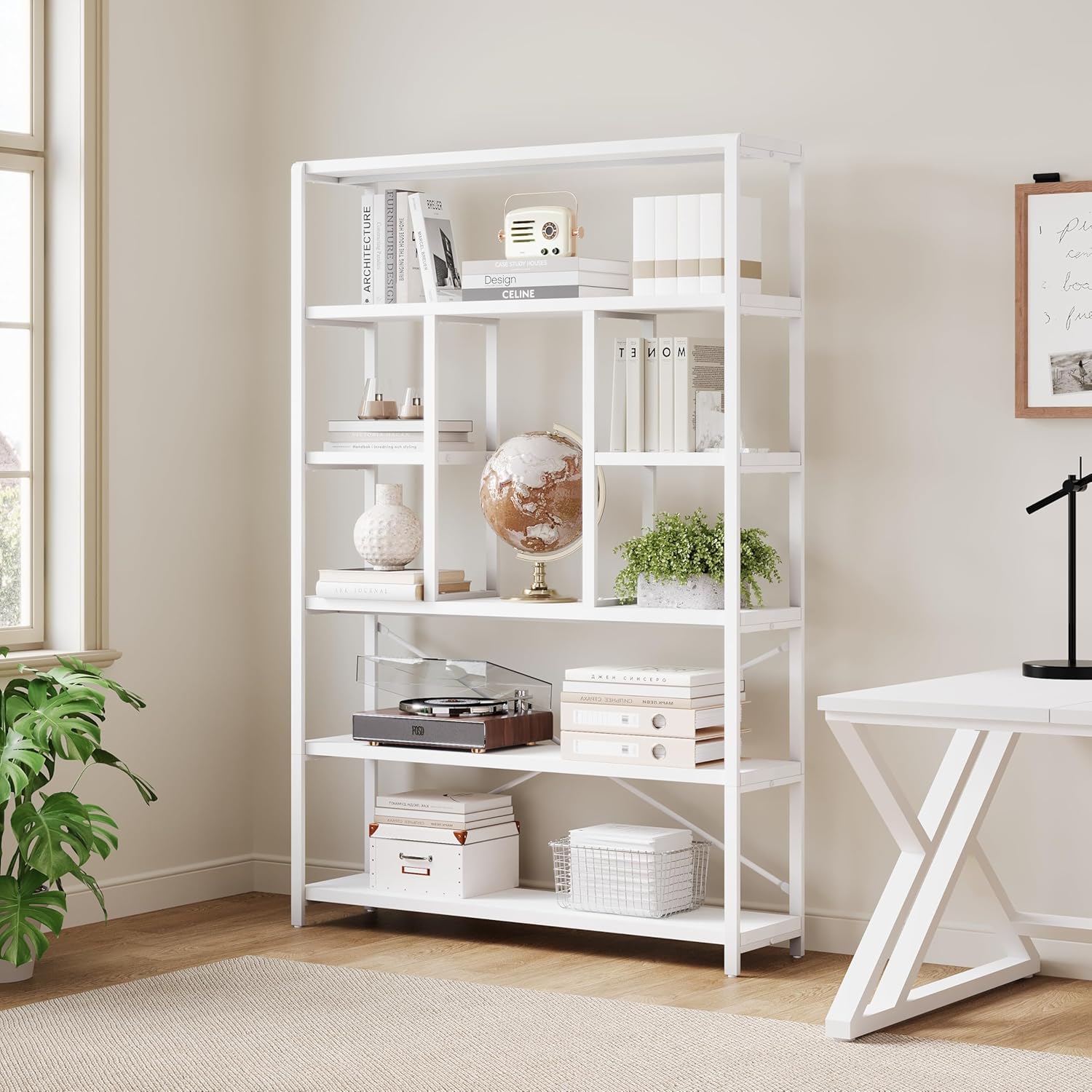 LVB Bücherregal Regal mit 6 Ebenen Wohnzimmer Standregal Holz Metall Bücherregal freistehend Dekoregal Modernes Design für Wohnzimmer Schlafzimmer Büro Weiß 30 x 120 x 180 cm