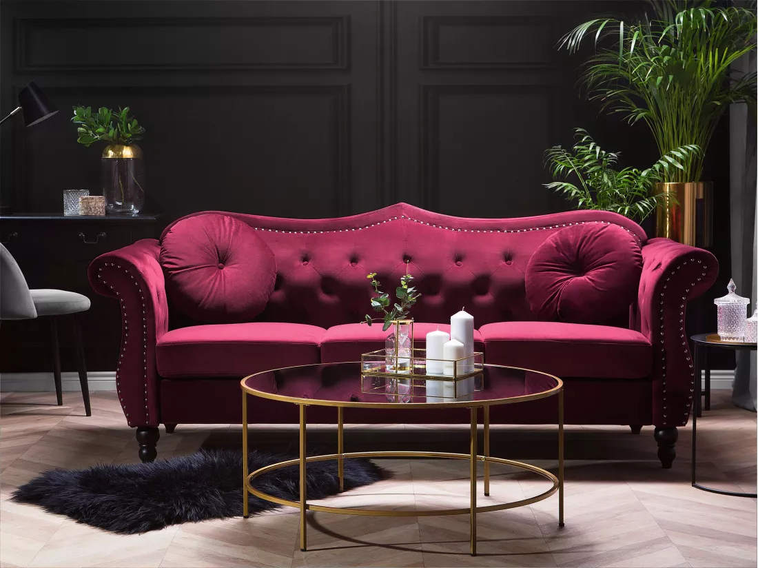Canapé Chesterfield 3 places en velours rouge SKIEN